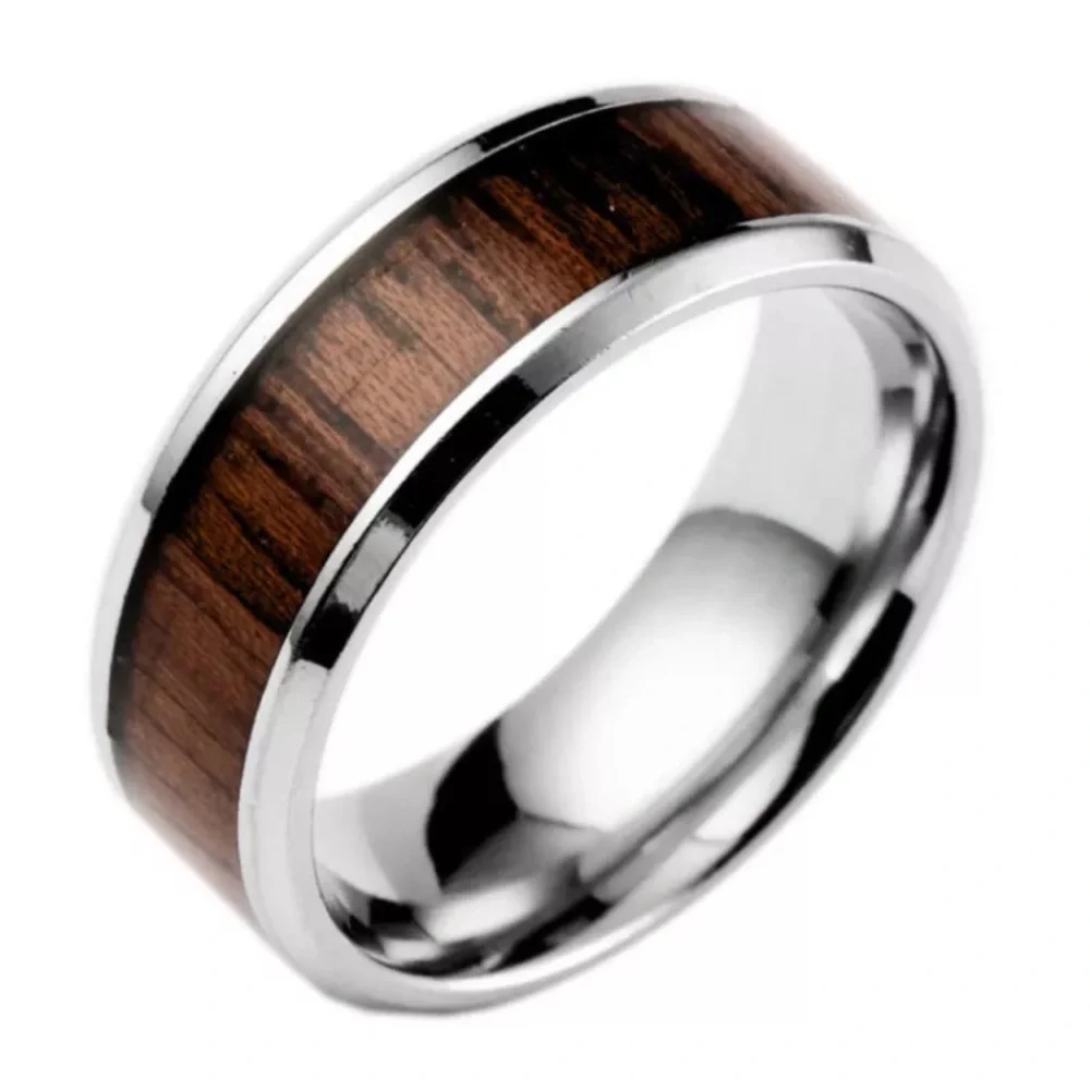 Black Tungsten Wood Inlay 8mm Wide Bevel Edge Band Ring